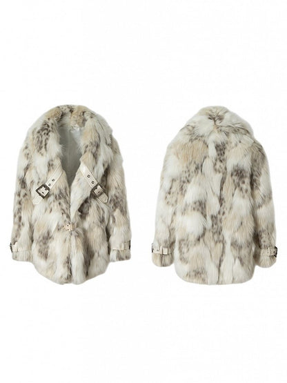 Brown Light Faux with Fur Lapel Wide Ivory Punk Coat PU Buckle Straps