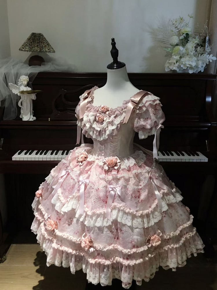 Ruffle Hime with Multi-Layered Lolita Pink Accents Puffy Rose Dress