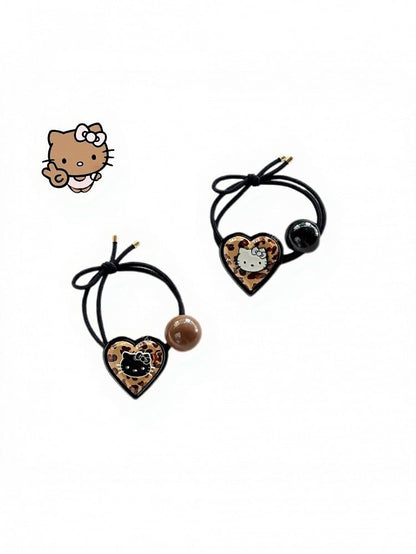 Leopard Print Heart Hair Tie with Cat Decoration - IVONA boutique