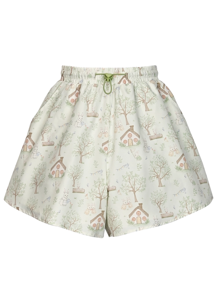 Adorable Bunny Print Green Drawstring Waist Wide-leg Shorts