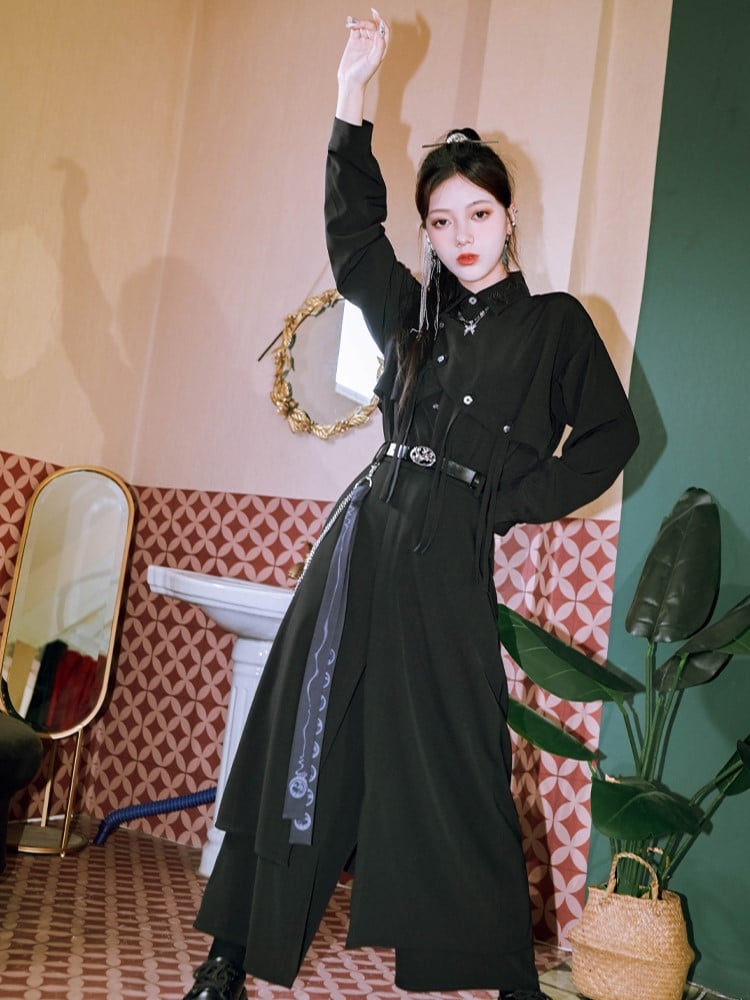 Regular/Thin with Hem Details Bird Ribbon Metal Pants Print Cheongsam Black Asymmetrical Wide-Leg Chain