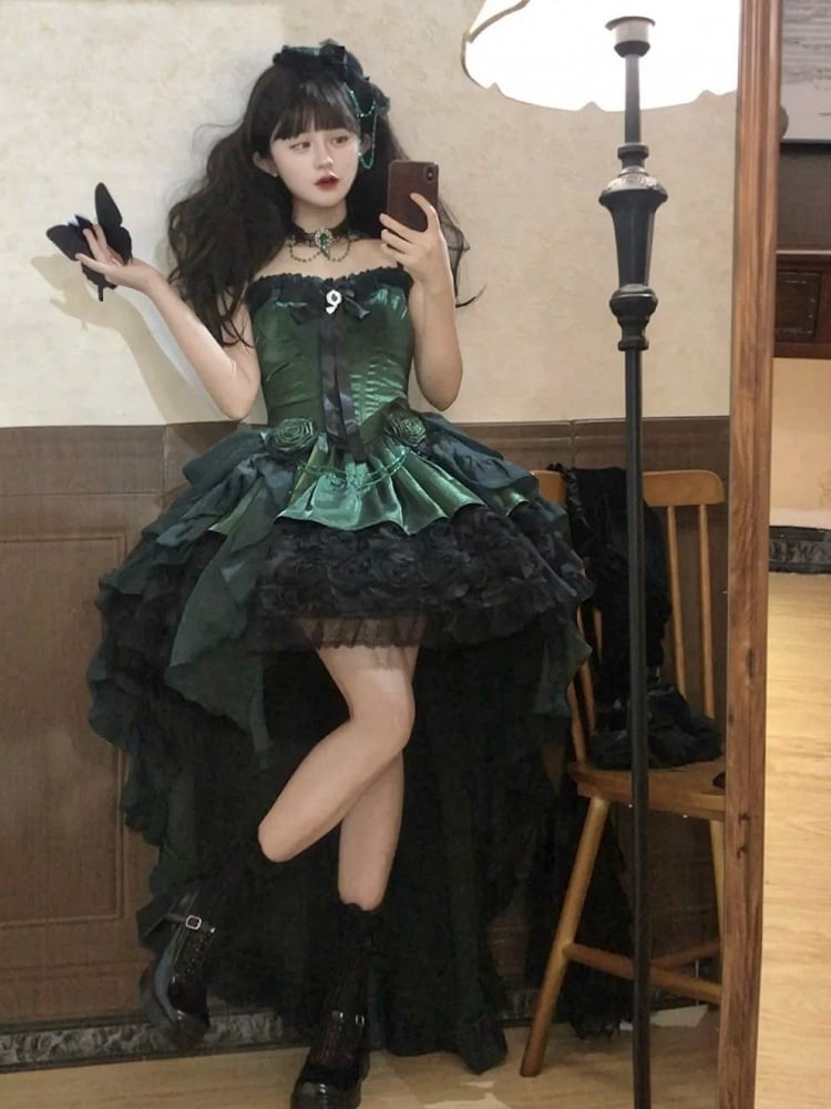 Black Lolita Bouquet Boned with Rose Dress Strapless Hem Green Gothic