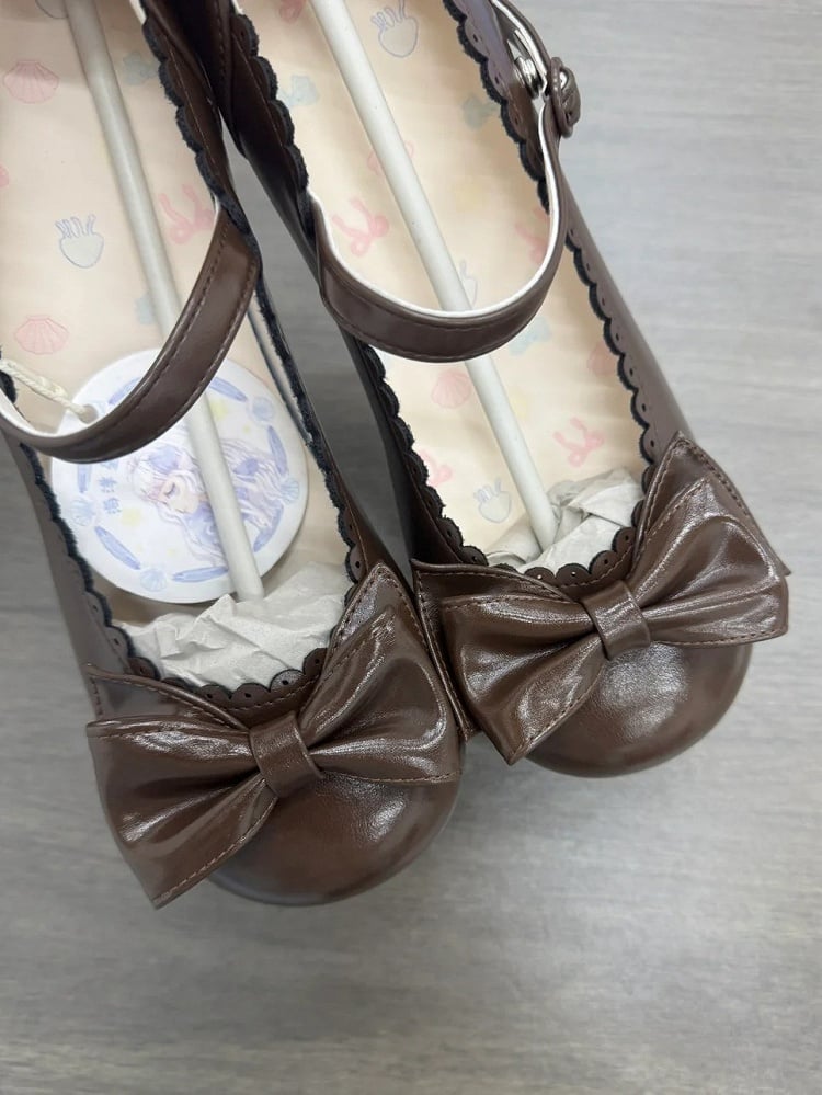 Sweet Lolita Round Closure Shoes Brown Heeled 3cm Mary with Jane Toe Circle Snap