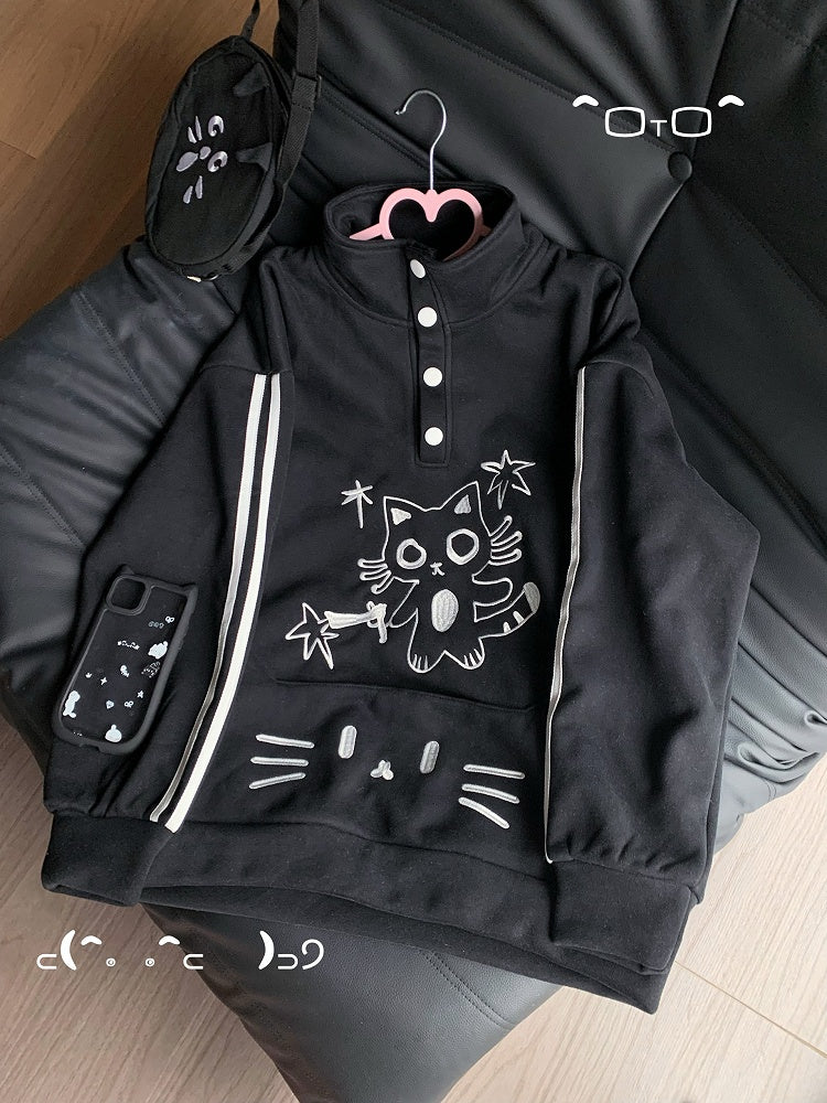 Cat Embroidery Fleece-Lined Sweatshirt with Snap Front