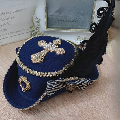 Blue/RedBlack/ All Decorated Rhinestone Feather Cross Pirate Mini Hat Black