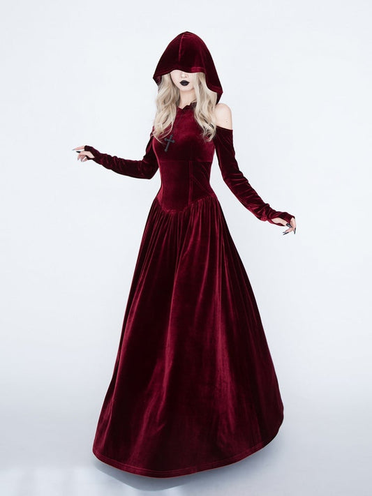 Dress Gothic Cutout Style Red Medieval Vampire with Shoulder Witch Velvet Hooded -