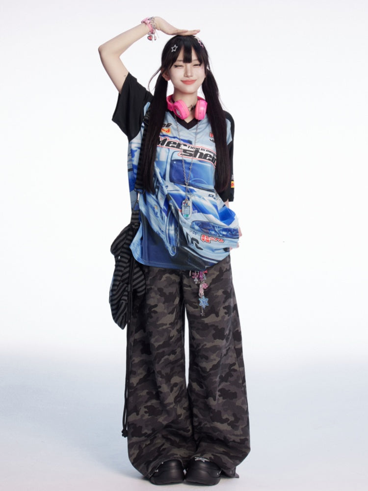 Blau Schwarz und T-Shirt Colorblock V-Ausschnitt Racing Print Loses Design