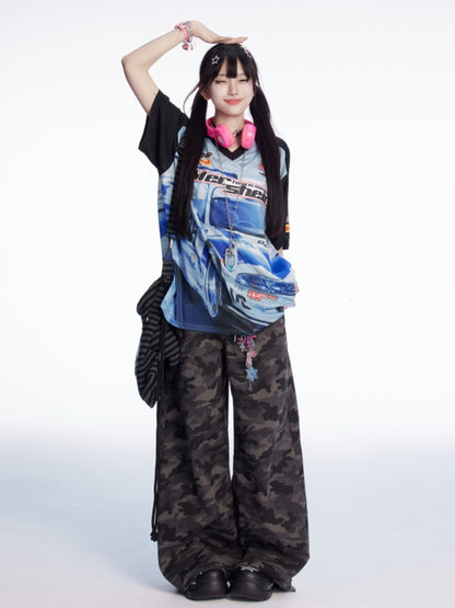 Blau Schwarz und T-Shirt Colorblock V-Ausschnitt Racing Print Loses Design