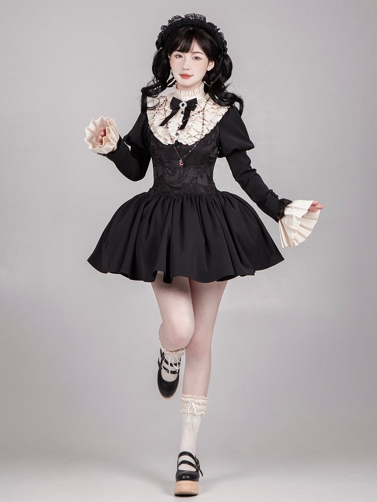 Black Boned Waist Square Neckline Elegant Lolita Dress Short Version