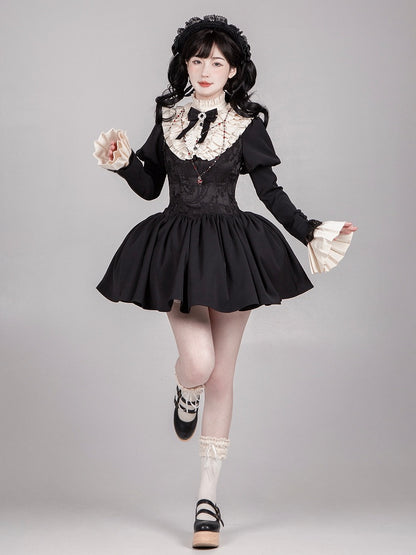 Black Square Neckline Boned Lolita OP Dress Set - With PUJI