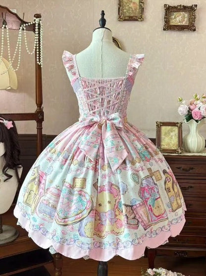 Blush Lace Bow JSK with Bear Motif and Sweet Details - Sweet Dream Shop