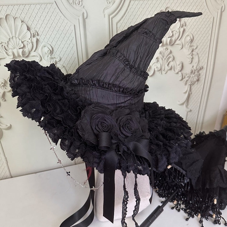 Witch Hat Details Roses Black/Green Lace Chains Black Large