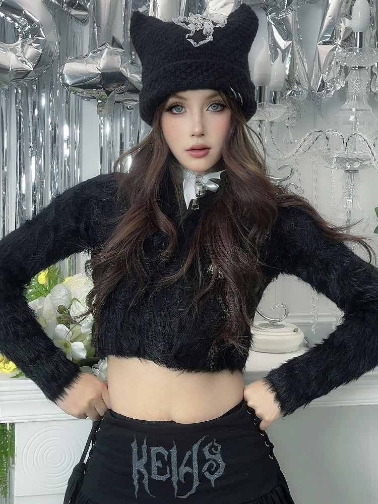 Punk Black Cat Ears Cross Patch Knit Hat