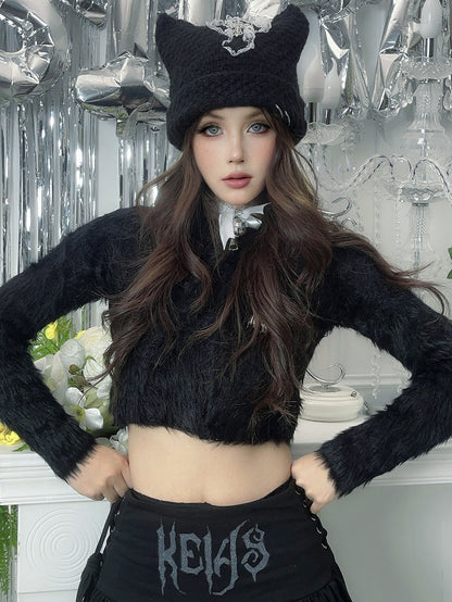 Punk Black Cat Ears Cross Patch Knit Hat