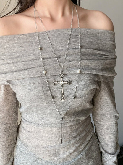 Silver Cross Beaded Layered Necklace - YSHXS