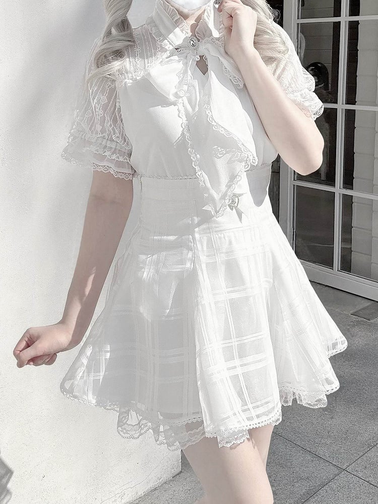 Chiffon and Details White Neckline Lace Blouse Style Bead Jirai with Bow Self-tie Kei