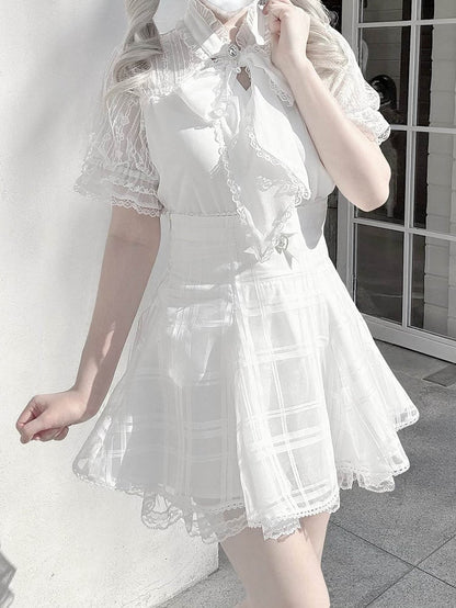 Chiffon and Details White Neckline Lace Blouse Style Bead Jirai with Bow Self-tie Kei