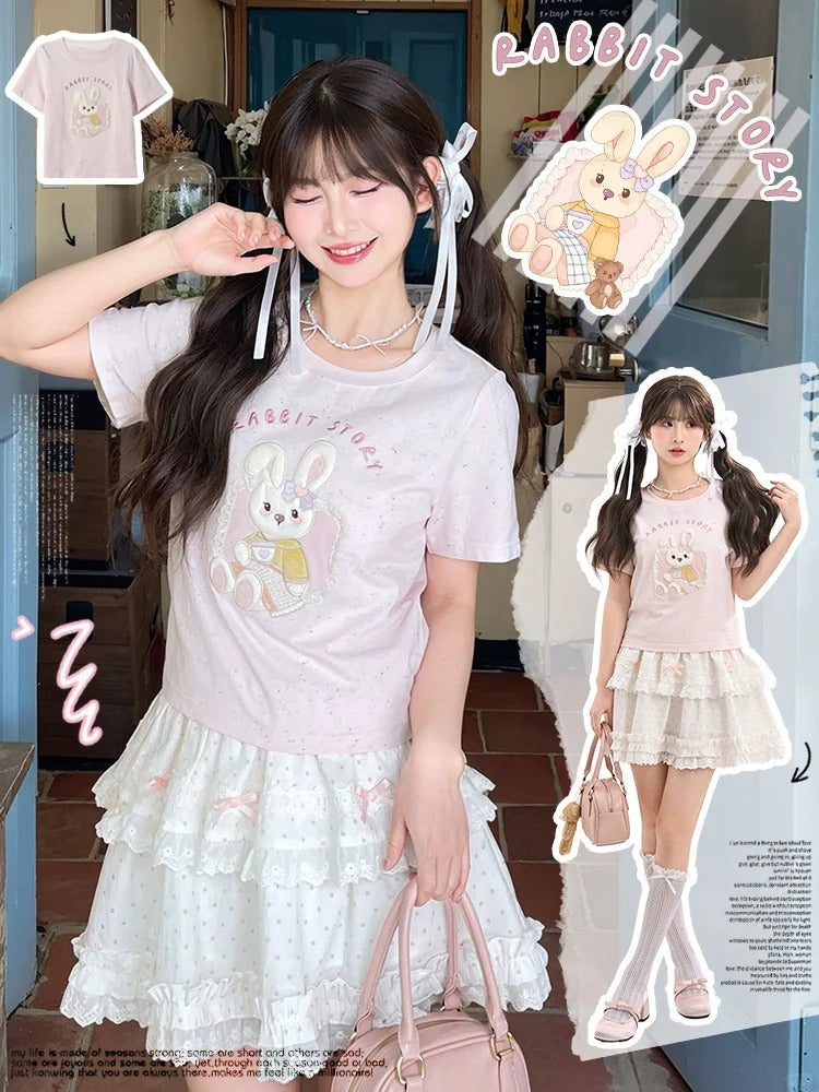 Pink Yume Adorable T-Shirt Bunny Applique Round Neck Kawaii
