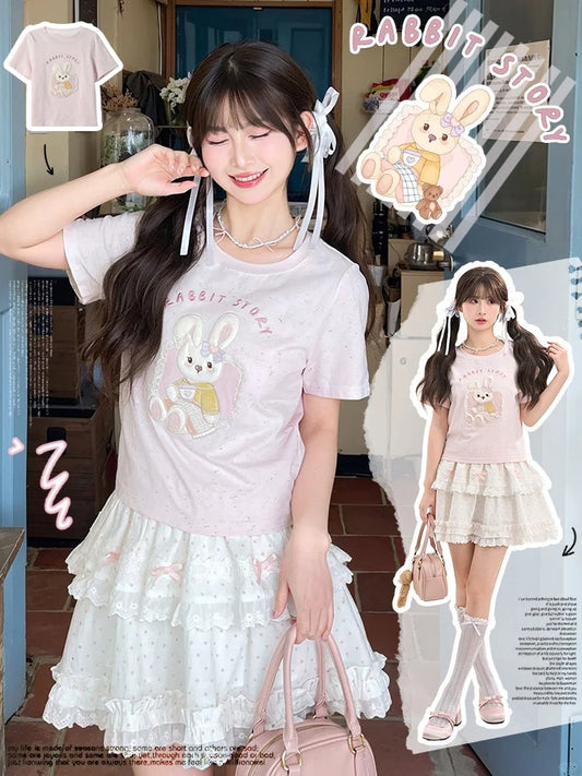 Pink Yume Adorable T-Shirt Bunny Applique Round Neck Kawaii