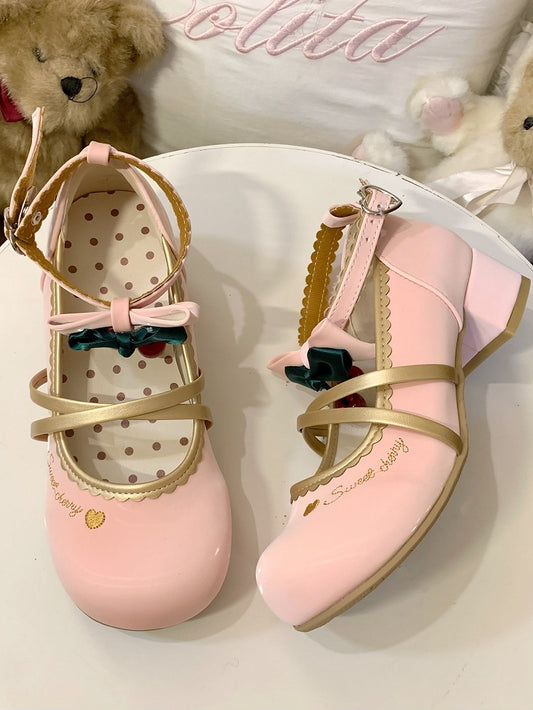 Straps Scalloped Shoes Height Sweet Crisscross Lolita Delicate Heel 2cm/3.5cm Pink Edging -