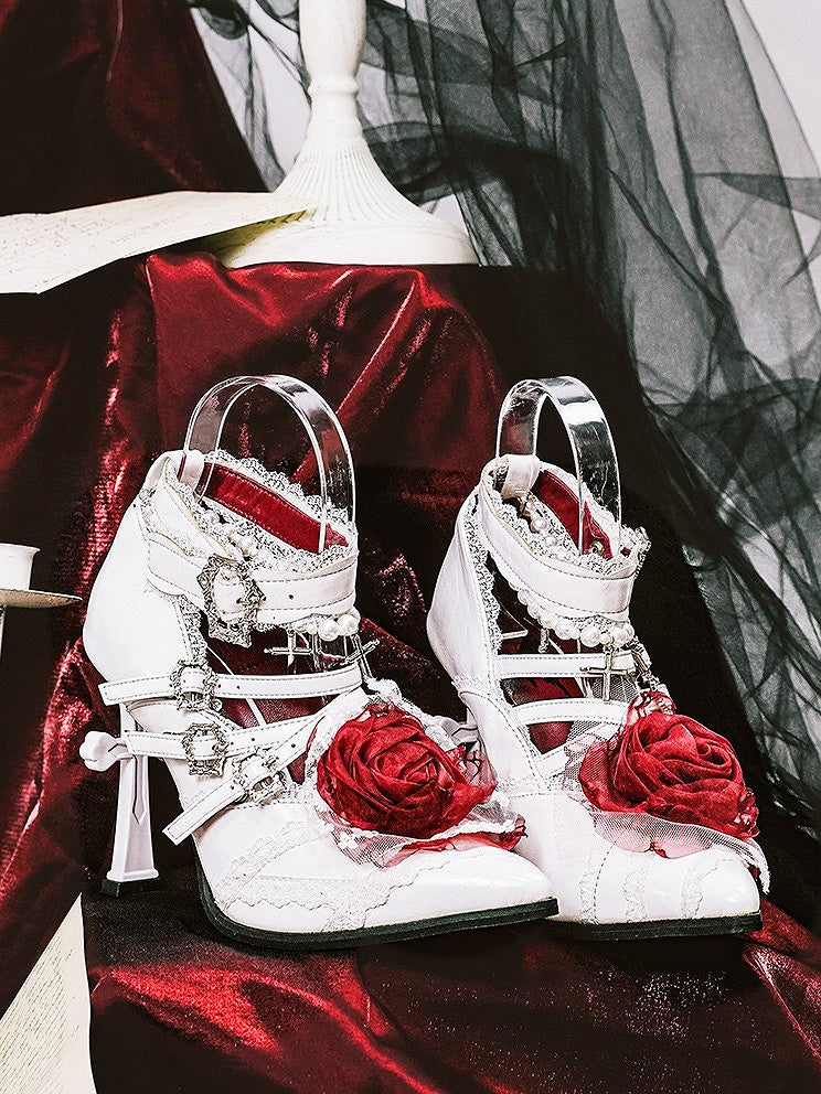 White Gothic Pointed Toe High Heels with Detachable Cross Charm Beaded Chains, Crisscross Straps & Lace Trim