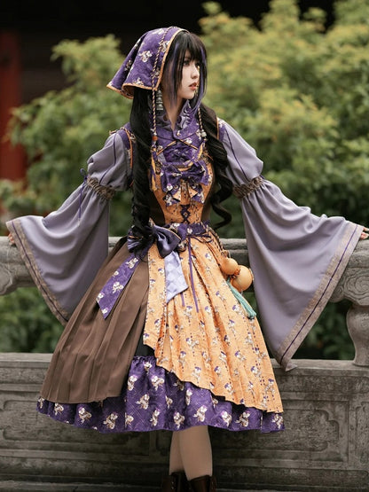 Yellow & Purple Retro Floral Print Lolita JSK Dress with Layered Skirt - Neoludwig