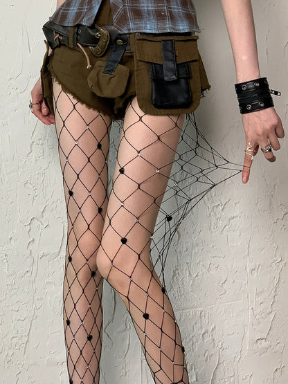 Heart Decorated Y2K Tights Rhinestone Details White/Black Fishnet