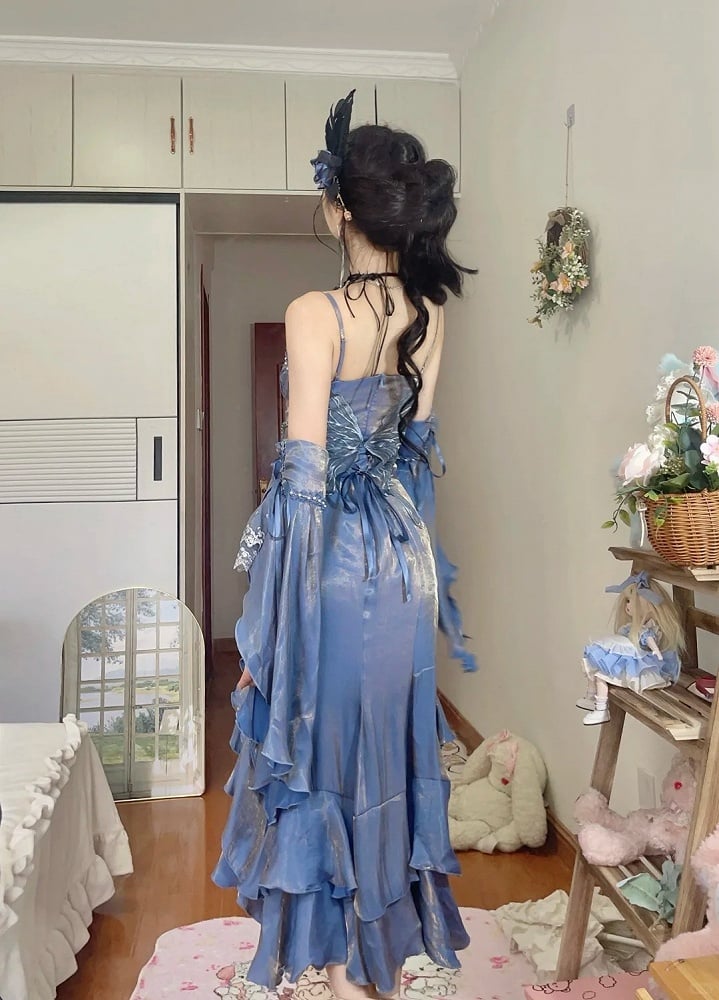 Blue Rosette Mermaid Evening Gown with Detachable Flounce Sleeves
