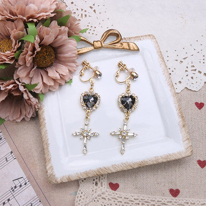 Earrings Jirai Options 4 Kei Heart Color Rhinestone Cross