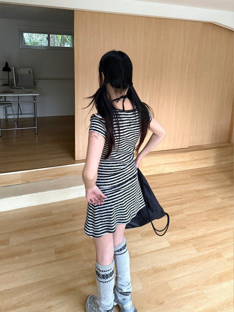 Dress Asymmetrical Collar Sleeve Detail Patchwork and Striped Short with Star