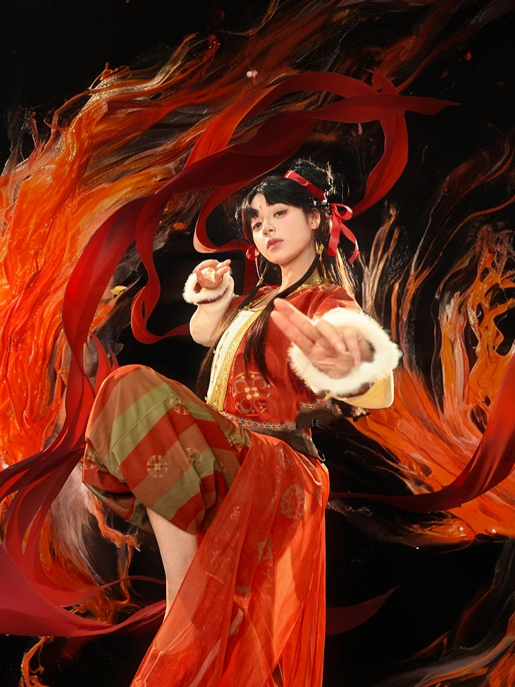 オーバーレイ付き赤いチャイナドレス風花柄ルーズパンツ