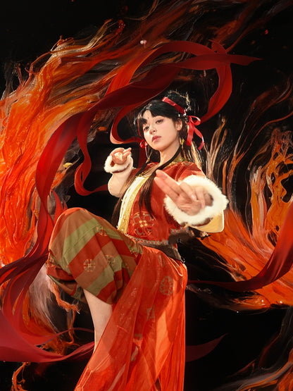 オーバーレイ付き赤いチャイナドレス風花柄ルーズパンツ