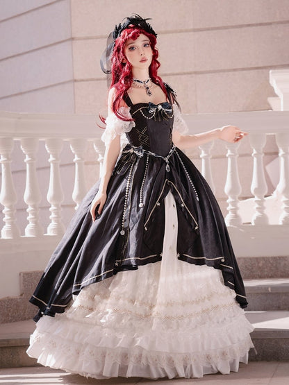 Black and White Boned Corset Bodice Gorgeous Long Train Lolita Dress Full Set