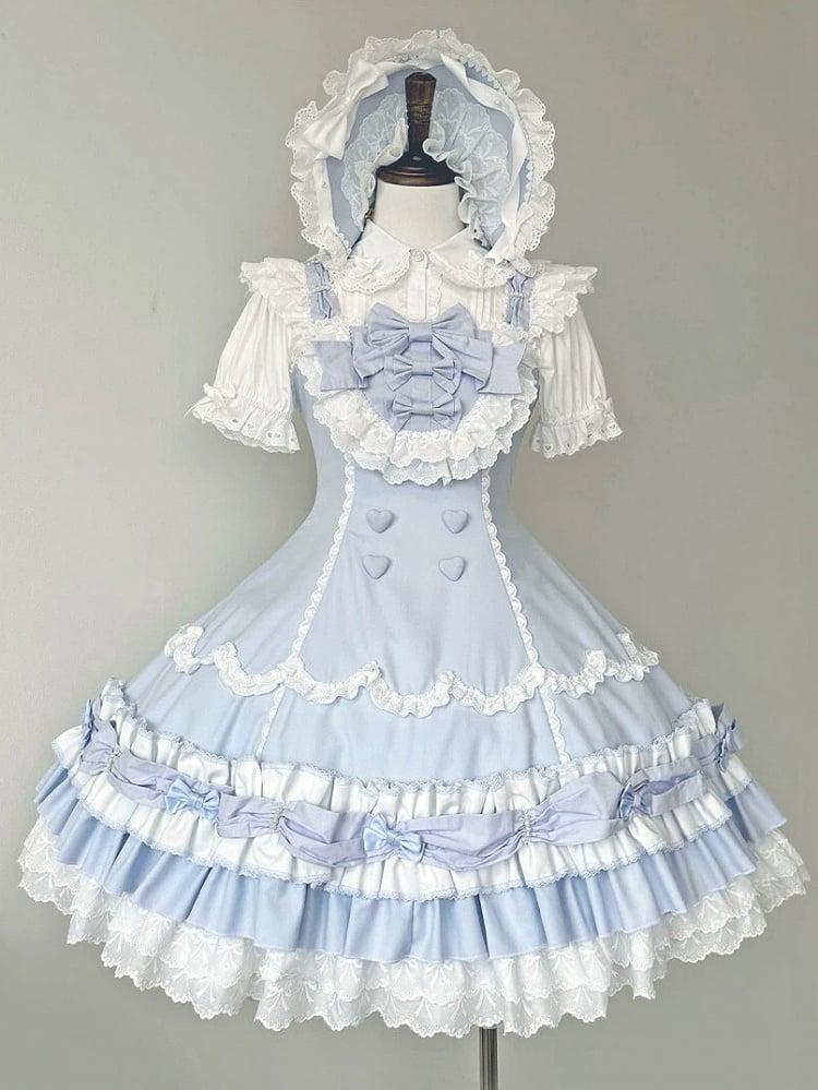 Mehrlagige Rüschen, alte Schleifen, weiß und blau verziert, süßer Saum