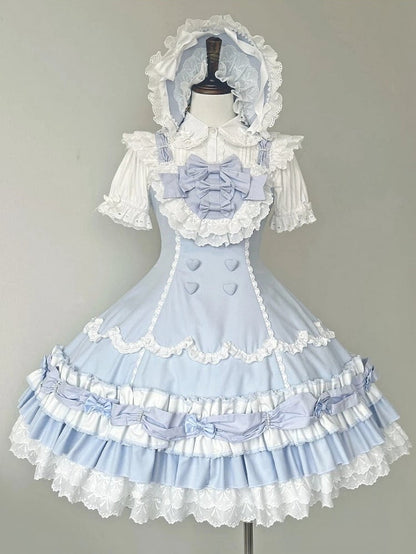 Layered Ruffle Old Bows White and Blue Decorated Sweet Hemline