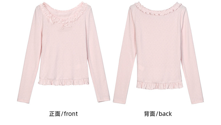 Rosafarbenes, langärmliges Oberteil mit Rüschenbesatz und Schleifendetails