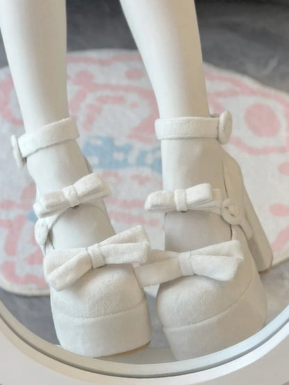 Classic Round White Velvet Bow High-heel Janes Buckle with Mary Detachable