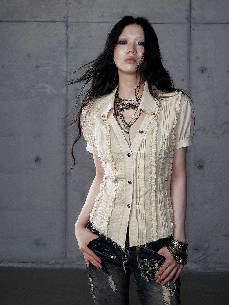 Punk Sleeve Short Pintuck Distressed Wasteland Blouse Pleats with Light Khaki V-Neck Hem