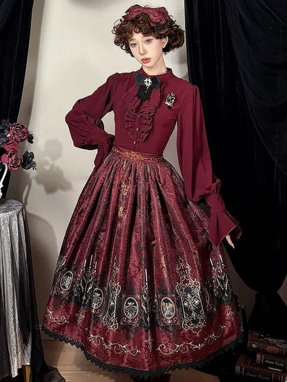 Jabot Tie and Ruffled Red Blouse Placket Long-sleeved Lolita with