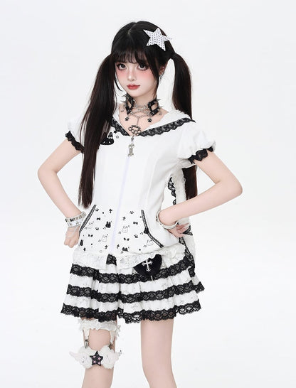 Jirai Trim Bunny Ears Design Hood Lace Kei Black/White