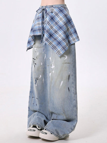 Handkerchief with Plaid Blue Hem Jeans Distressed Wide-Leg Detachable Skirt