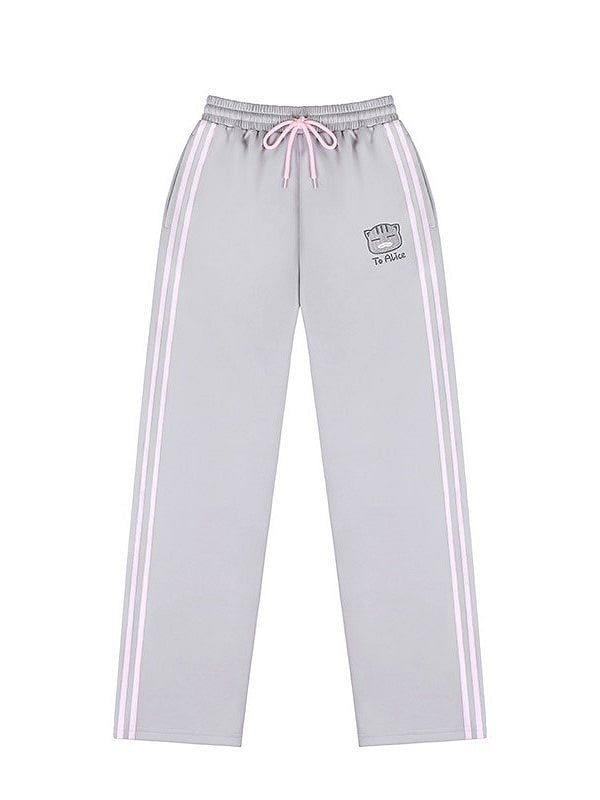 Elastic Waistband Kawaii with Grey Pants Embroidery Cat
