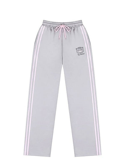 Elastic Waistband Kawaii with Grey Pants Embroidery Cat