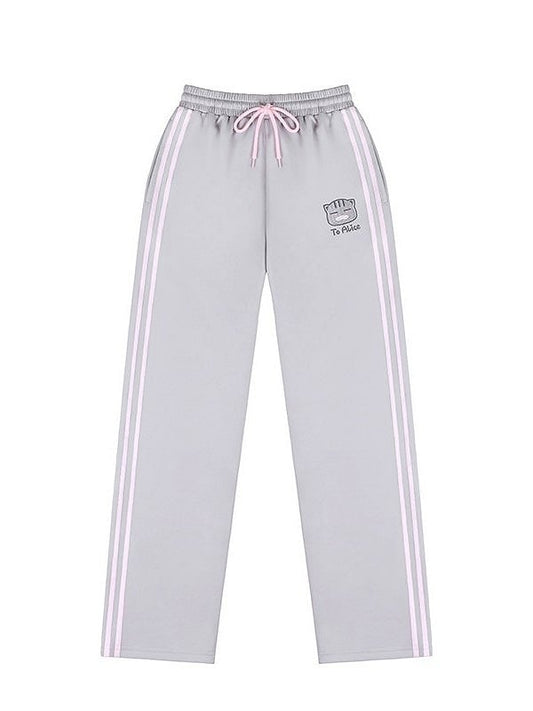 Elastic Waistband Kawaii with Grey Pants Embroidery Cat