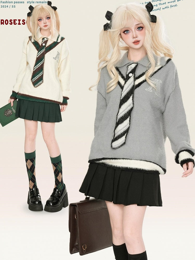 グレー/ホワイトのポロカラー プレッピースタイル セーター（ニットタイ付き）