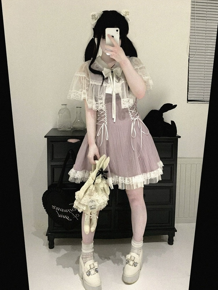 Lace Cape Design Dress with Bow, Short Sleeve, 4 Colors, Landmine - Kitty Bxllet