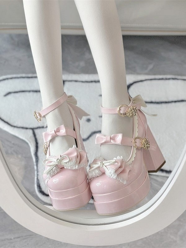 Details Mary PU with High-heel Shoes Elegant 11cm Light Lolita Jane Bow Pink