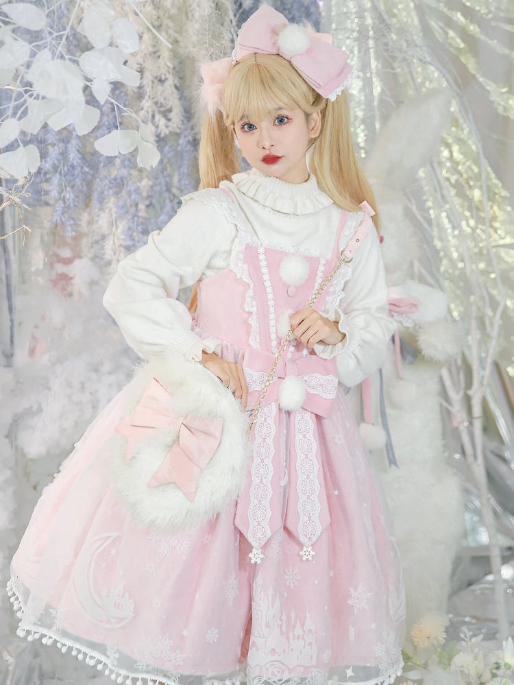 Moon with Set Snow Lace Dress Jumper Print Overlay Cape Trim Pink Plush Castle Lolita Skirt