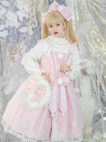 Moon with Set Snow Lace Dress Jumper Print Overlay Cape Trim Pink Plush Castle Lolita Skirt