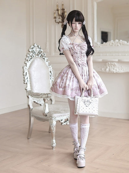 Ryousangata Floral Wall Print Pink Square Neck Short Sleeve Dress with Lace and Bow Details - Ekomi